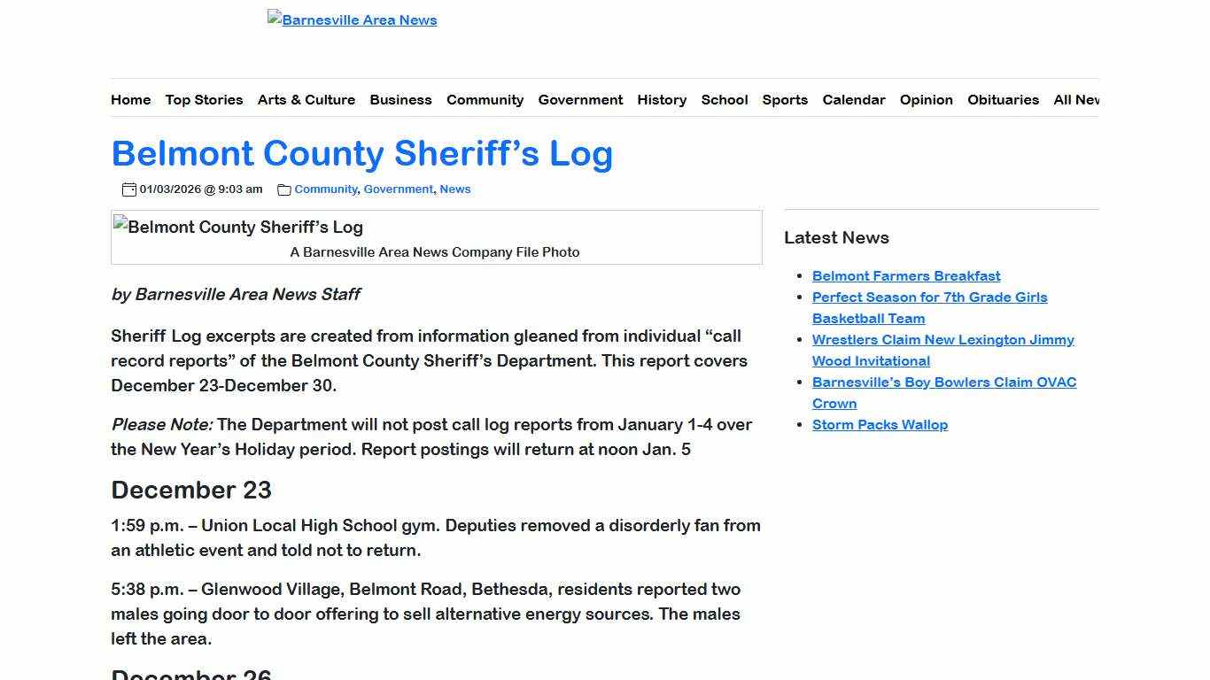 Belmont County Sheriff’s Log - Barnesville Area News Company